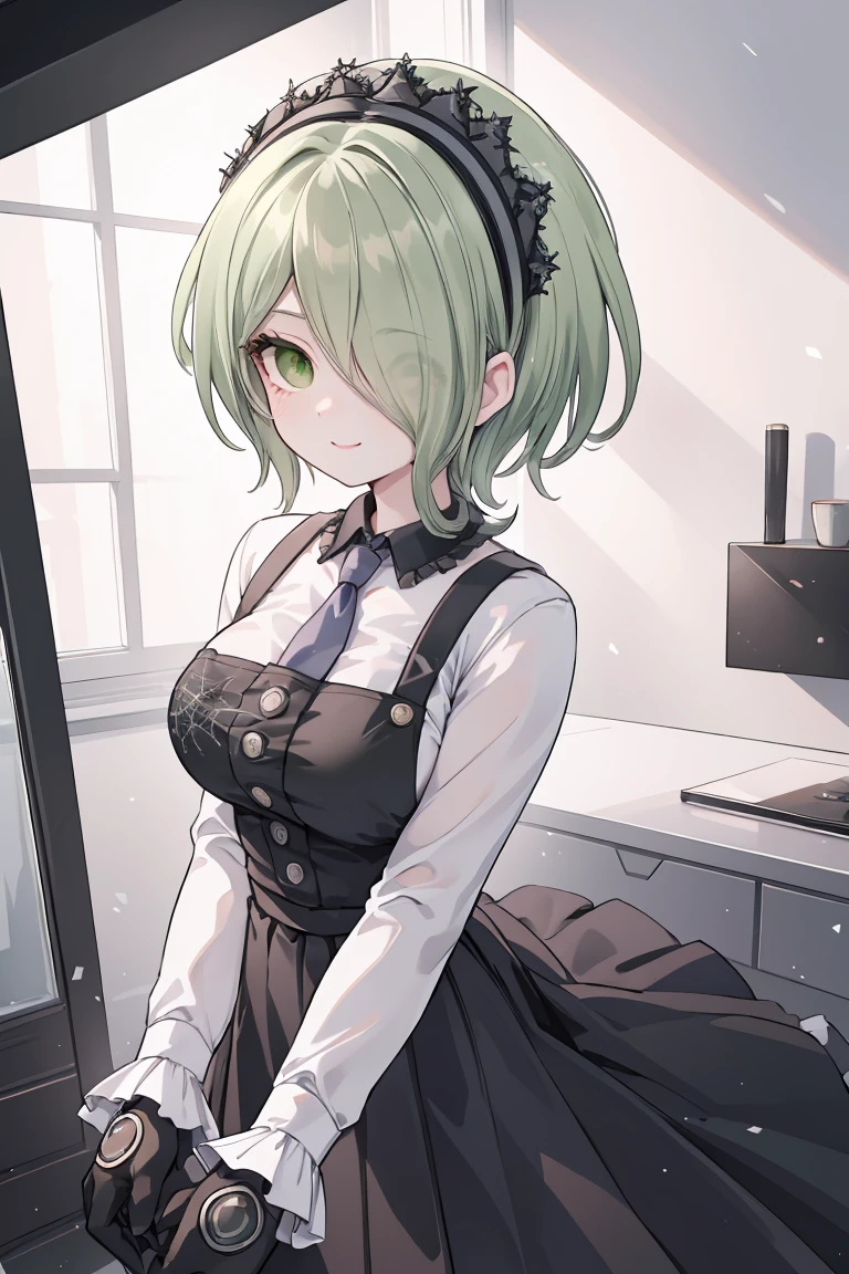 (highly detailed:1.3), tkirumi, looking at viewer, smile, large breasts, long sleeves, white shirt, green hair, black gloves, hair over one eye, black dress, maid headdress, pinafore dress, hand on own head, spider web print, Ultra-detail,(highres:1.1),best quality,(masterpiece:1.3), cinematic lighting, big breasts, hands on breasts, hand on own breasts, holding breasts, bouncing breasts
