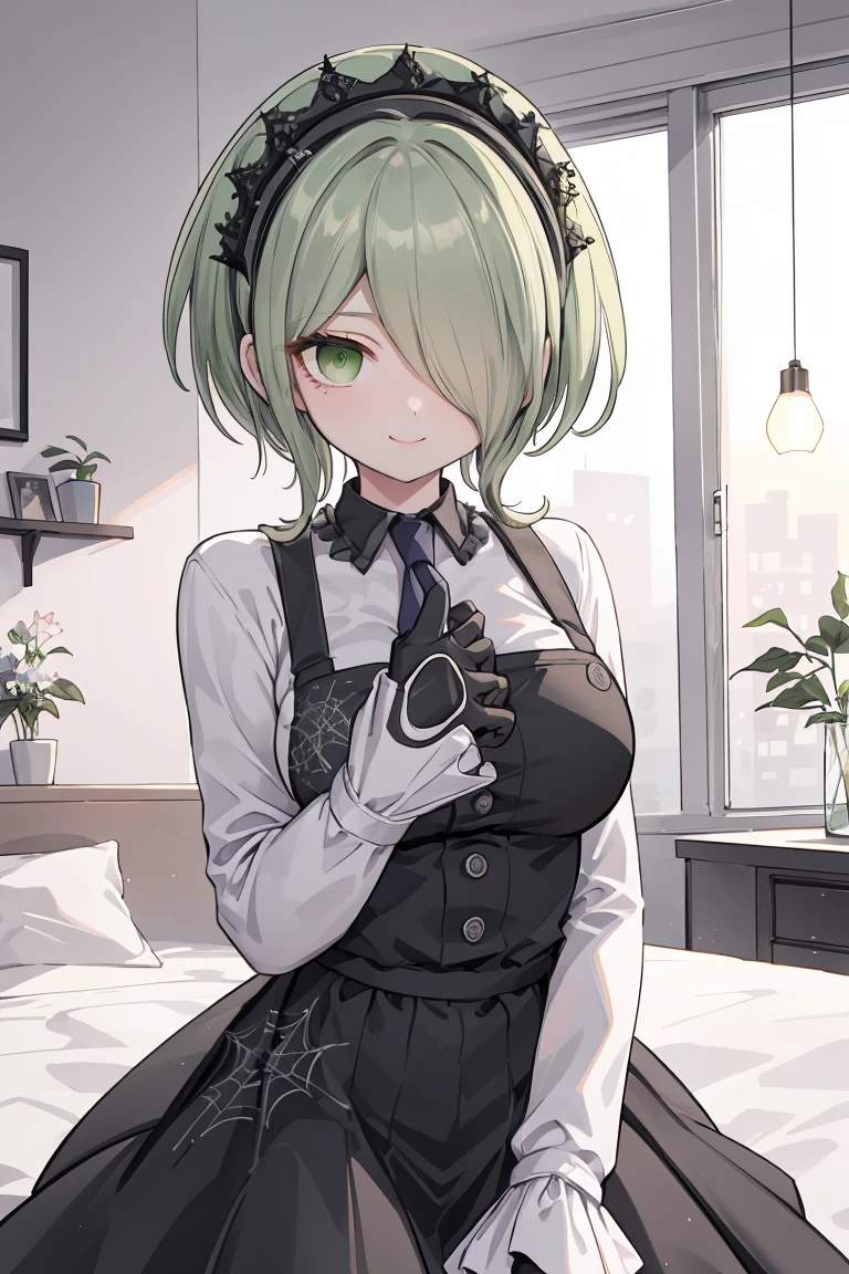 (highly detailed:1.3), tkirumi, looking at viewer, smile, large breasts, long sleeves, white shirt, green hair, black gloves, hair over one eye, black dress, maid headdress, pinafore dress, hand on own head, spider web print, Ultra-detail,(highres:1.1),best quality,(masterpiece:1.3), cinematic lighting, big breasts, hands on breasts, hand on own breasts, holding breasts, bouncing breasts
