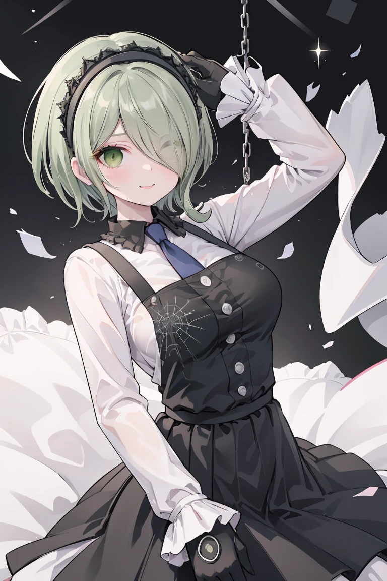 (highly detailed:1.3), tkirumi, looking at viewer, smile, large breasts, long sleeves, white shirt, green hair, black gloves, hair over one eye, black dress, maid headdress, pinafore dress, hand on own head, spider web print, Ultra-detail,(highres:1.1),best quality,(masterpiece:1.3), cinematic lighting, big breasts, hands on breasts, hand on own breasts, holding breasts, bouncing breasts
