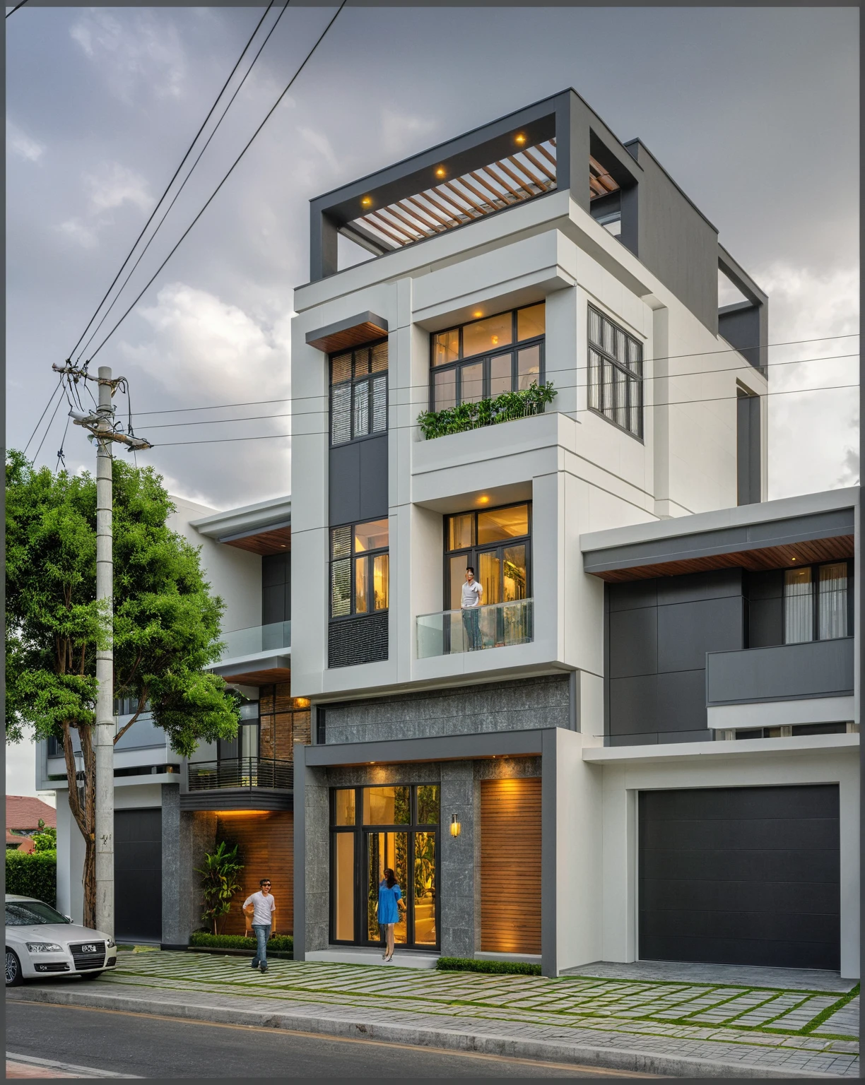 modern villa on street, (overcast lighting:1.2), tropical tree, vivid color, streetcapes, nice sky, grey and wwhite tone, (large glass door:1.2), warm interior lighting, modern material, best quality, ultra realistic, masterpiece, 17ArchiAI_XL_VL-v1