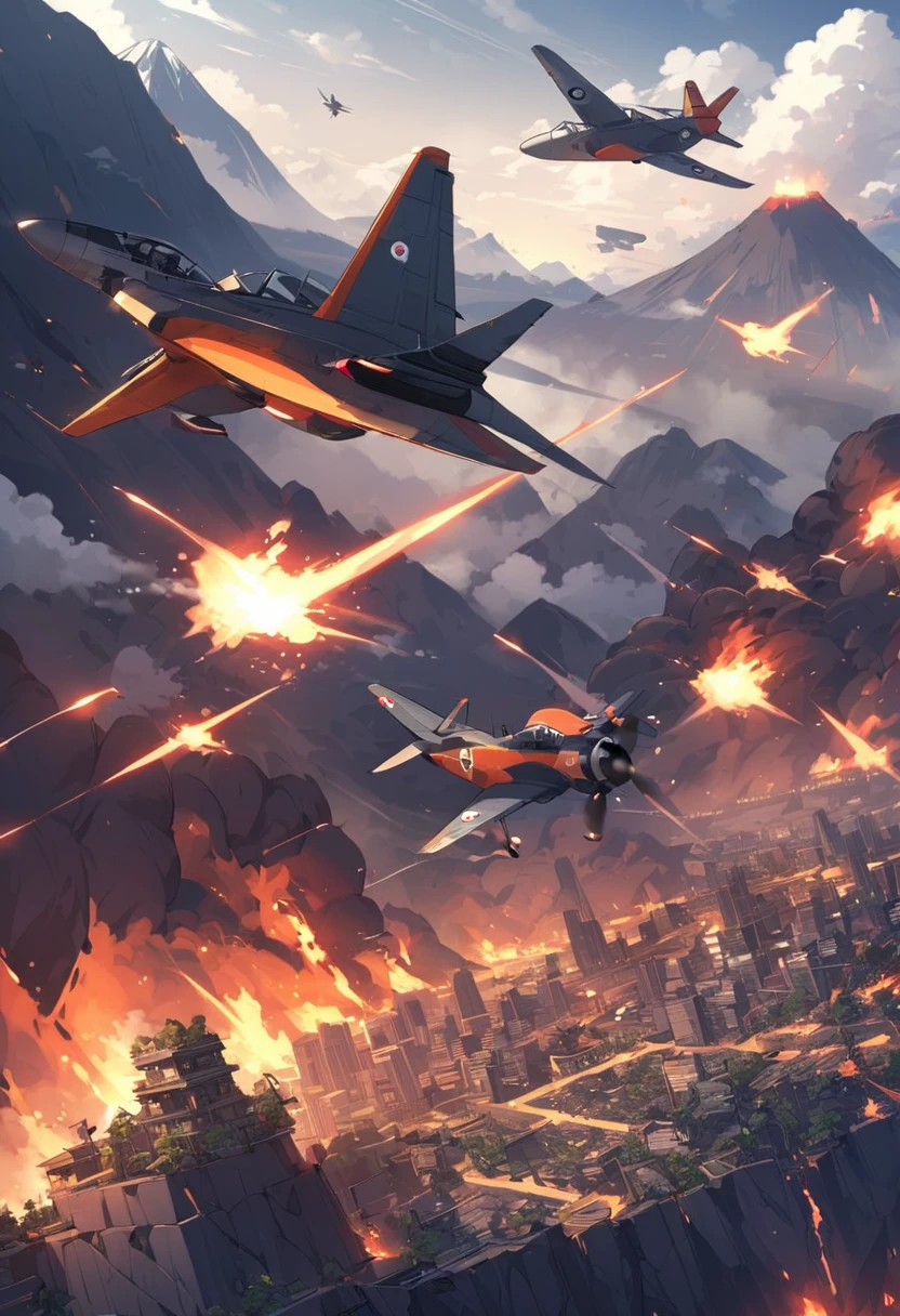 Fighter planes fly over volcanic city,