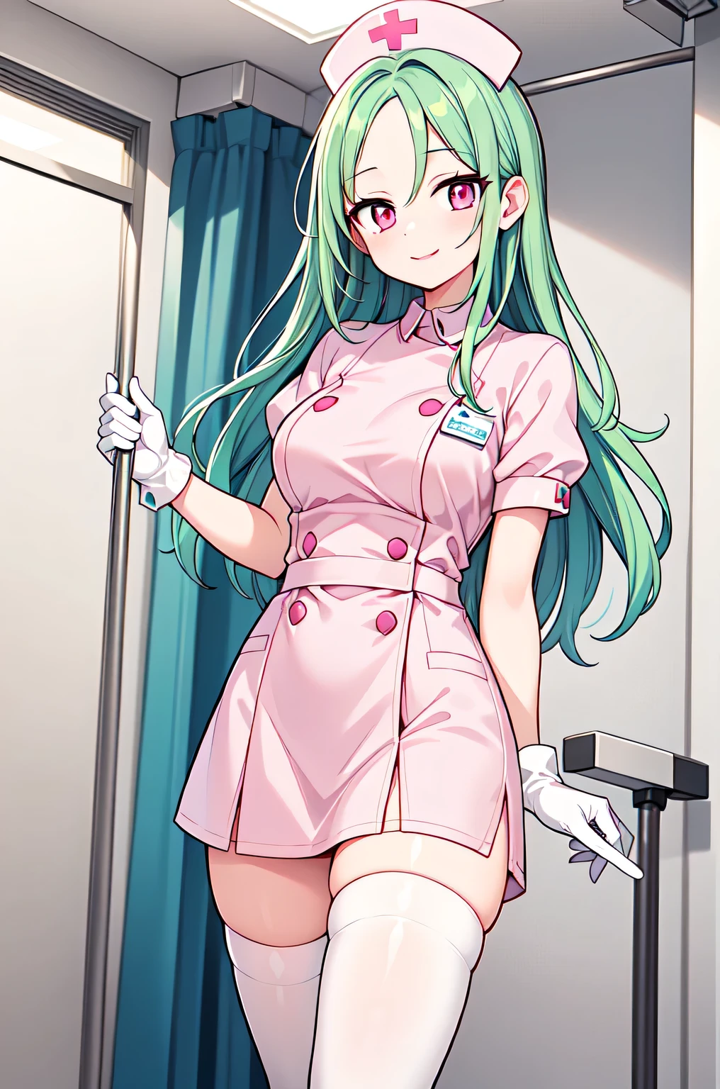 1woman, solo, nurse, white nurse cap, white nurse uniform, ((white legwear, zettai ryouiki)), white gloves, forehead, long hair, green hair, pink eyes, pink lips, smile, standing, ((hospital room)), sharp outline, short sleeves, mature female, 35 years old, best quality, masterpiece