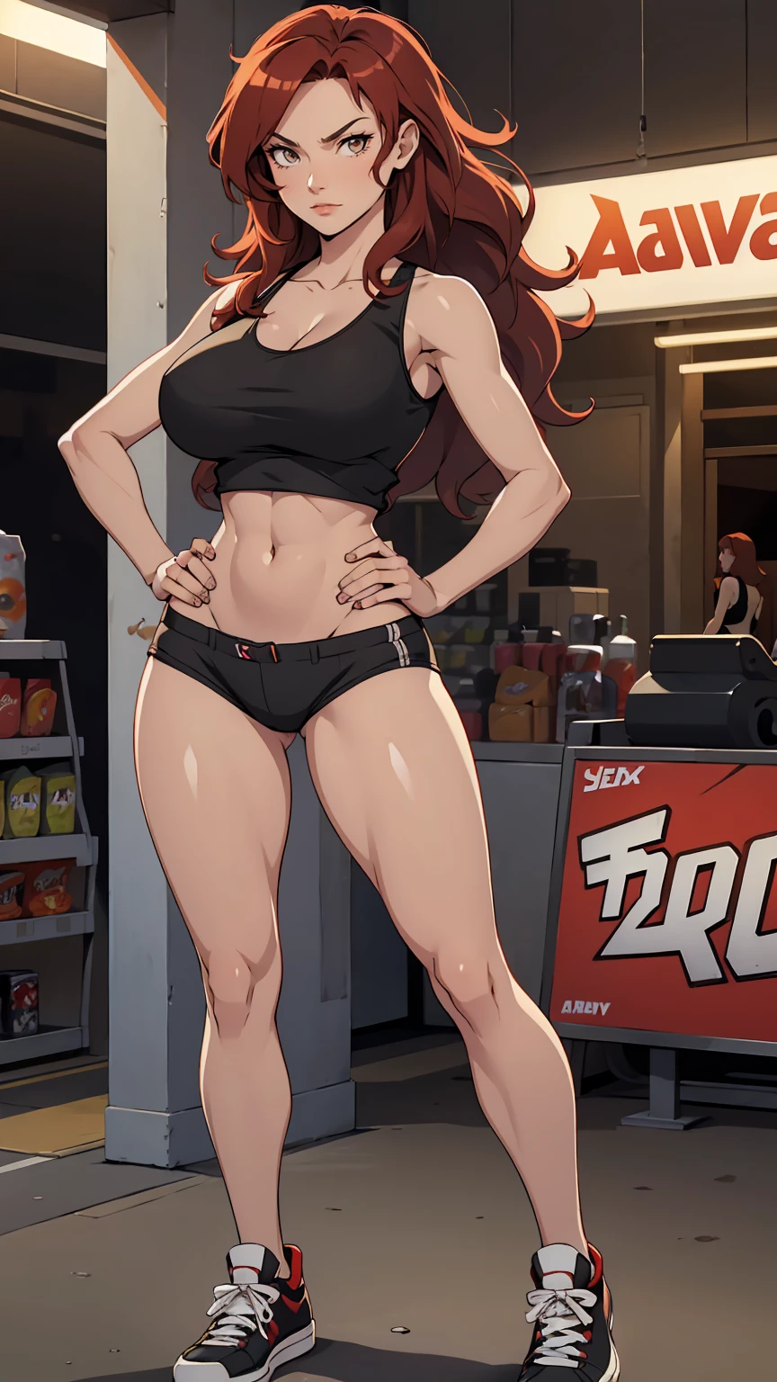 1 woman, 16 years old , wavy red hair, sly face , black tank top, black panties , abdomen , big breasts , Long legs , Put your hands on your hips.... , canvas shoes , convenience store