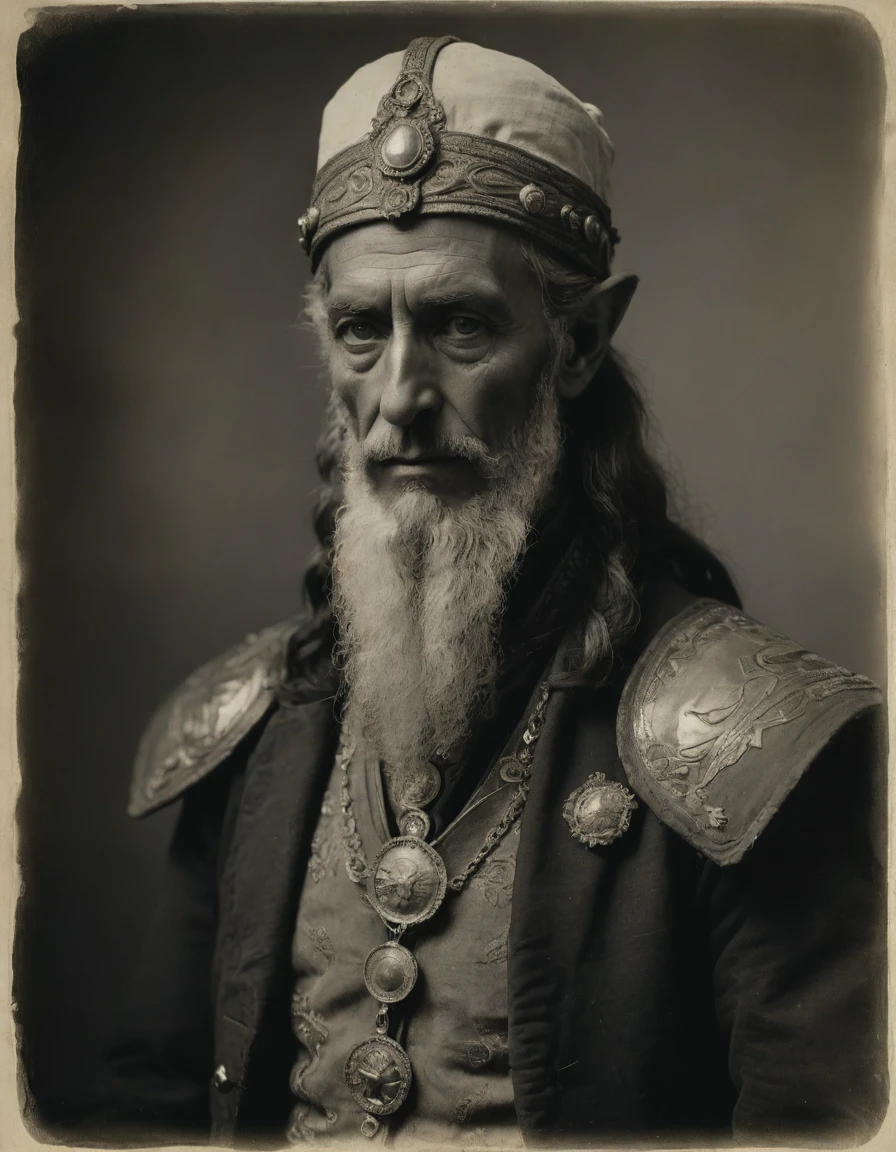 ((((Masterpiece, daguerreotype on old paper, monochrome)))), by Moebius, by Théodore Géricault, the composition is: (((50 year old male high elf, tan, elf ears, Assyrian beard, sullen, magnificent, he is wearing Steampunk costume with Mesopotamian elements, sashes, medals, pendants))).
