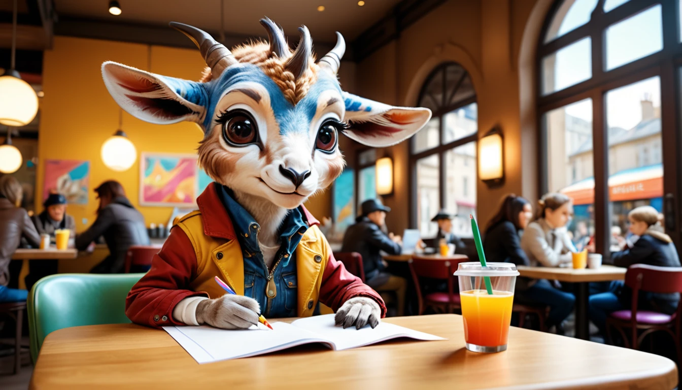 (photo film style), anthropomorphism, cute gazelle baby, colorful , stylish open cafe, studying, 2D, colorful, warm atmosphere, glossy, Jean-Baptiste Monge style, Alan Lee style