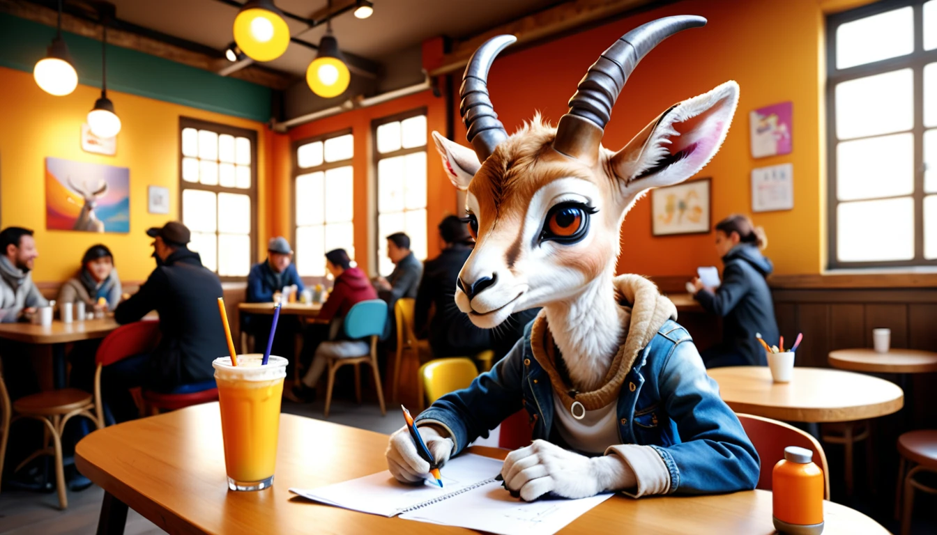 (photo film style), anthropomorphism, cute gazelle baby, colorful , stylish open cafe, studying, 2D, colorful, warm atmosphere, glossy, Jean-Baptiste Monge style, Alan Lee style