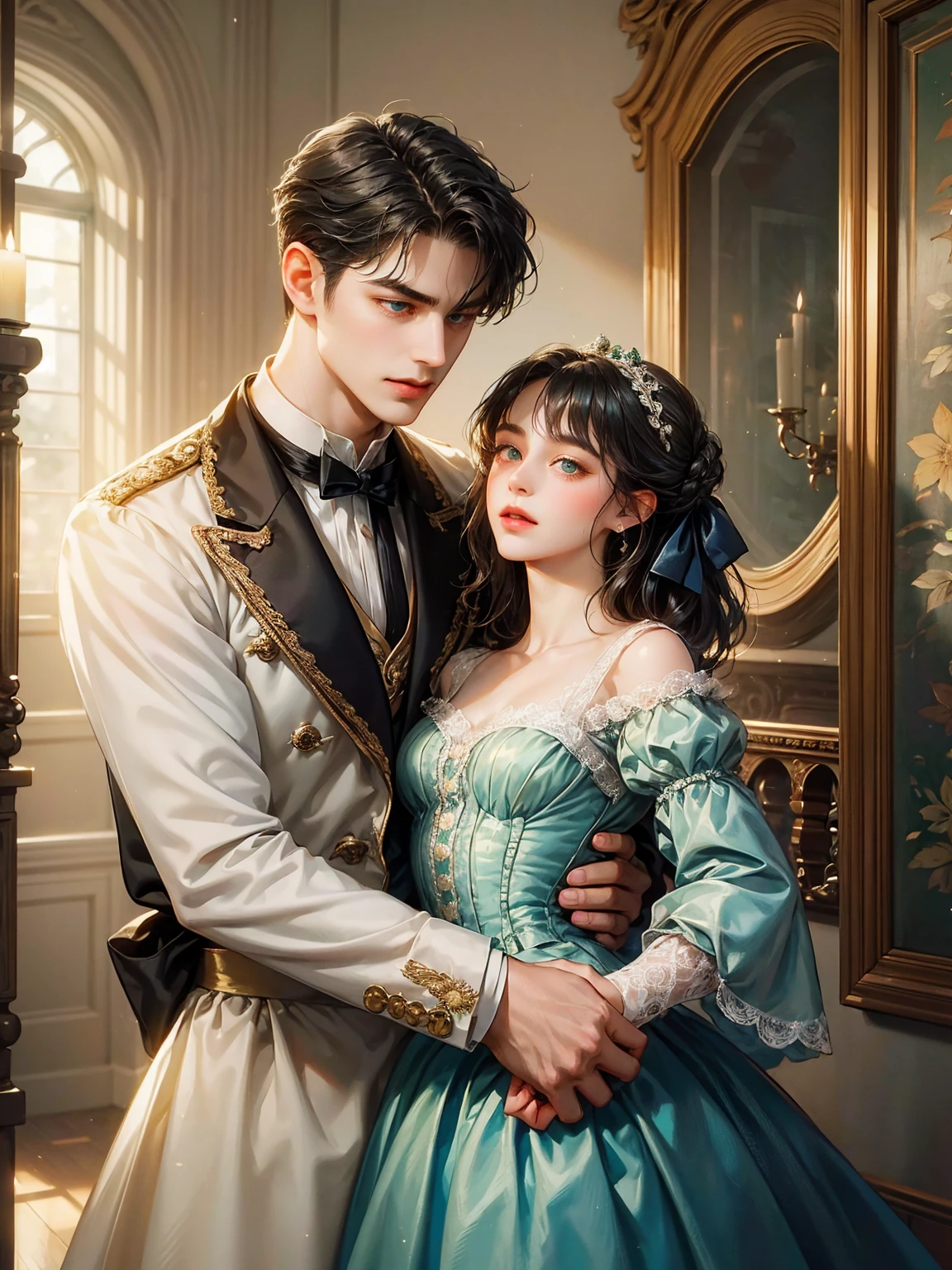 Couple, 1 girl 1 boy. Different hair color, chignon black hair with bangs and green eyes, small breast, victorian era unglued dress, short bonde hair, wavy hair and (sky blu eyes) , male Victorian era dress. They look at the viewers. The hug. Background inside of a hall