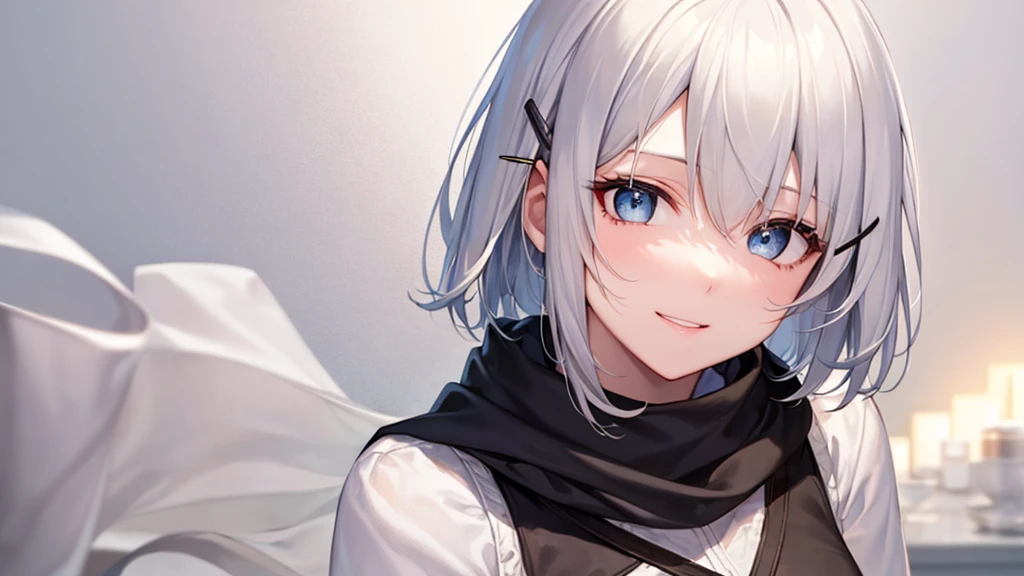 Her eyes were shining、Mysterious and enchanting atmosphere。With AI Painting、とてもShort Hair, Long bangs between the eyes, Very detailed,(masterpiece、Highest quality)、alone、Gray Hair、Fantasy, Silver Hair, Fantasyな風景、White shirt、smile、Open your mouth、Scarf、short hair、Short Hair、hairpin、black eye、Grey Eyes、Beautiful Eyes