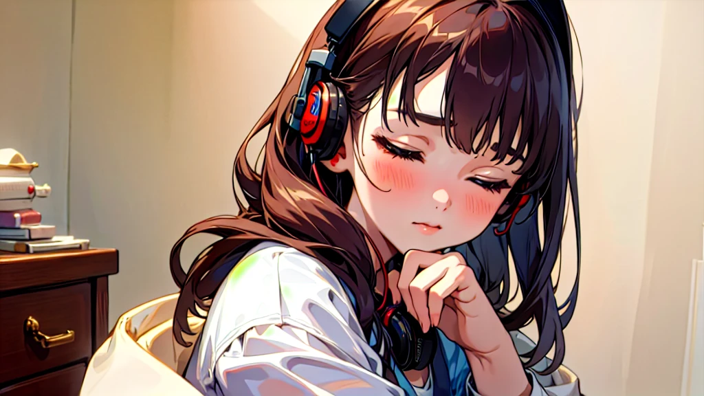 (Highest quality, masterpiece, Ultra-realistic), Beautiful and delicate１５Year-old girl portrait, With a calm and gentle expression, The background is the bedroom at home.、I am studying hard at my desk.、Holding a pen、Cute clothes、Bust is C cup、Wearing headphones and occasionally listening to music、Dance occasionally、When listening to music, I put my hands over my ears and close my eyes.