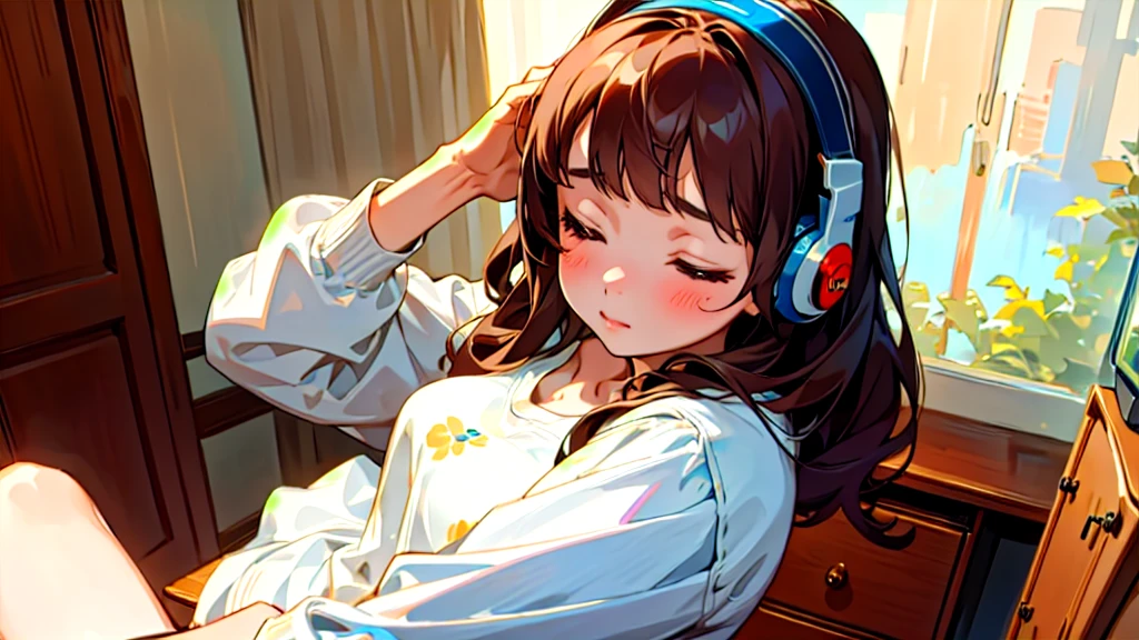(Highest quality, masterpiece, Ultra-realistic), Beautiful and delicate15Year-old girl portrait, With a calm and gentle expression, The background is the bedroom at home.、I am studying hard at my desk.、Holding a pen、Cute clothes、Bust is C cup、Wearing headphones and occasionally listening to music、Dance occasionally、When listening to music, I put my hands over my ears and close my eyes.