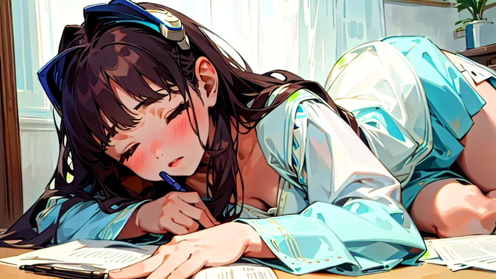 (Highest quality, masterpiece, Ultra-realistic), Beautiful and delicate15Year-old girl portrait, With a calm and gentle expression, The background is the bedroom at home.、I am studying hard at my desk.、Holding a pen、Cute clothes、Bust is C cup、Wearing headphones and occasionally listening to music、Dance occasionally、When listening to music, I put my hands over my ears and close my eyes.