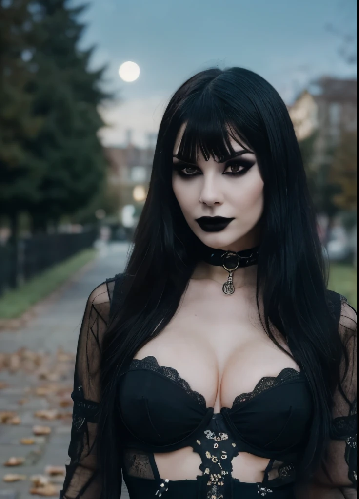 (masterpiece,detailed,highres:1.4) , model shot, close up, detailed face, fine detailed eyes, The most beautiful gothic girl in the world, ((long black hair with fringe, goth makeup)), ((hot Body)), form fitting clothing, pantyhose, ((dark cemitery background, night, under The moonlight)), gothic theme, gothic clothing, natural lighting. UHD, accurate, textured skin, super detail, high details, high quality, highres, 1080P, 4K