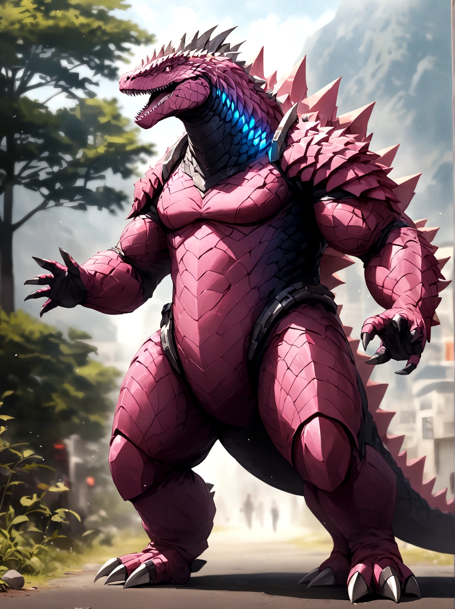 solo, full body, outdoors, blurry, no humans,pink godzilla