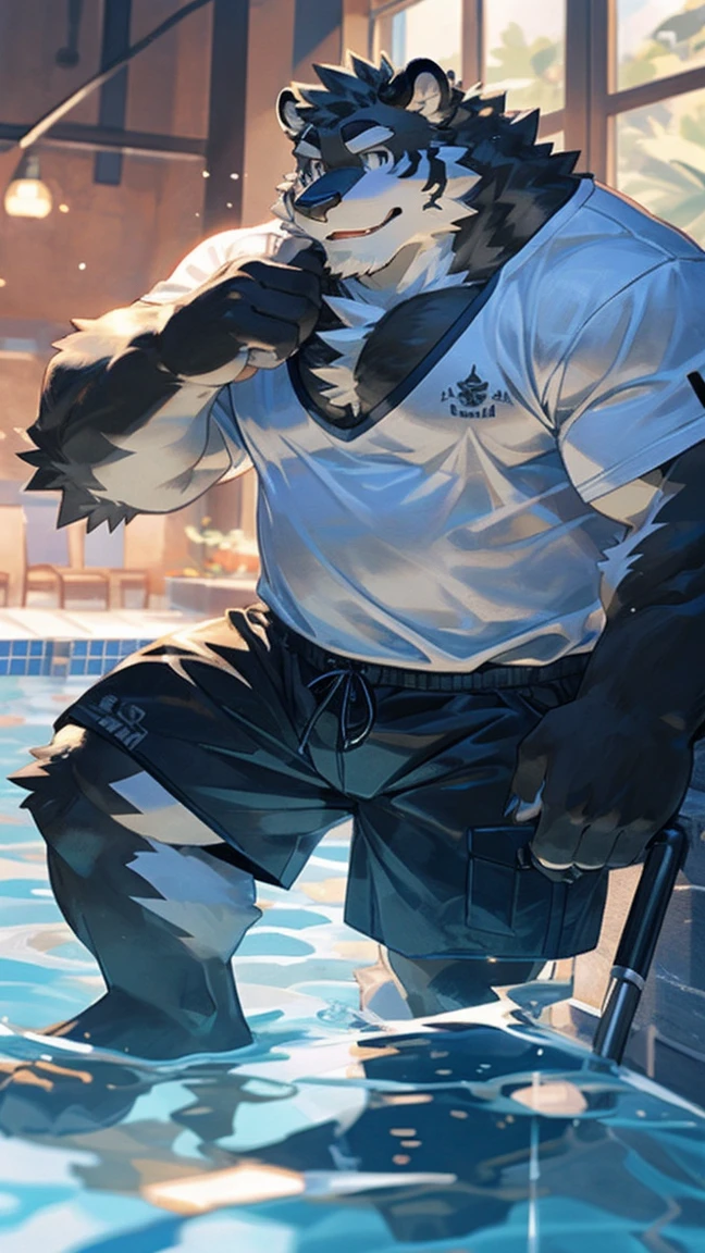 solitary, ((Fluffy fur, Fluffy, hairy body)), detailed Fluffy fur, Delicate face, delicate Eye, Dynamic poses, (Extremely detailed), Be focused, Genji, Eye, hairy, (Gray black fur:1.5), White beard, human nature (black tiger), chest hair，male, middle aged, White belly, Increase chest muscles(((muscular))), (Endomorph:0.4), Not too fat, rest ((White T-shirt，Black swimming trunks，Exposing breasts，wet)), ultra Delicate face, High Detail, high quality, (best quality,4K,8K,high resolution,masterpiece:1.2), (close up:1.3), author：Takemoto Arashi, From kulplant, author：Ghost of the Void, From raccoon21, Dynamic Lighting, Smile, (whole body:1.4), Looking at the audience, eternal, close up肖像, indoorhigh resolution, 用hand托住肚子, hand.,详细的hand,咧嘴Smile,swimming pool