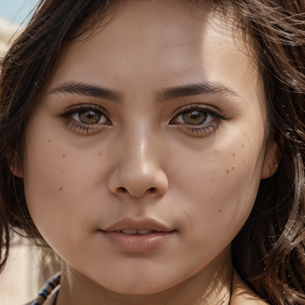 beautiful asian woman, realistic face, brunette, brown eyes, pretty, big , close up portrait, bikini, tight, max details, round breasts, cowprint bikini