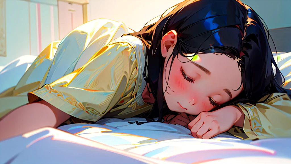 (Highest quality, masterpiece, Ultra-realistic), Beautiful and delicate15Year-old girl portrait,, The background is my bedroom at home.、Sleeping with a calm expression、Midnight、It's pitch black in the room.、It's raining outside、Rainy season、It's dark outside