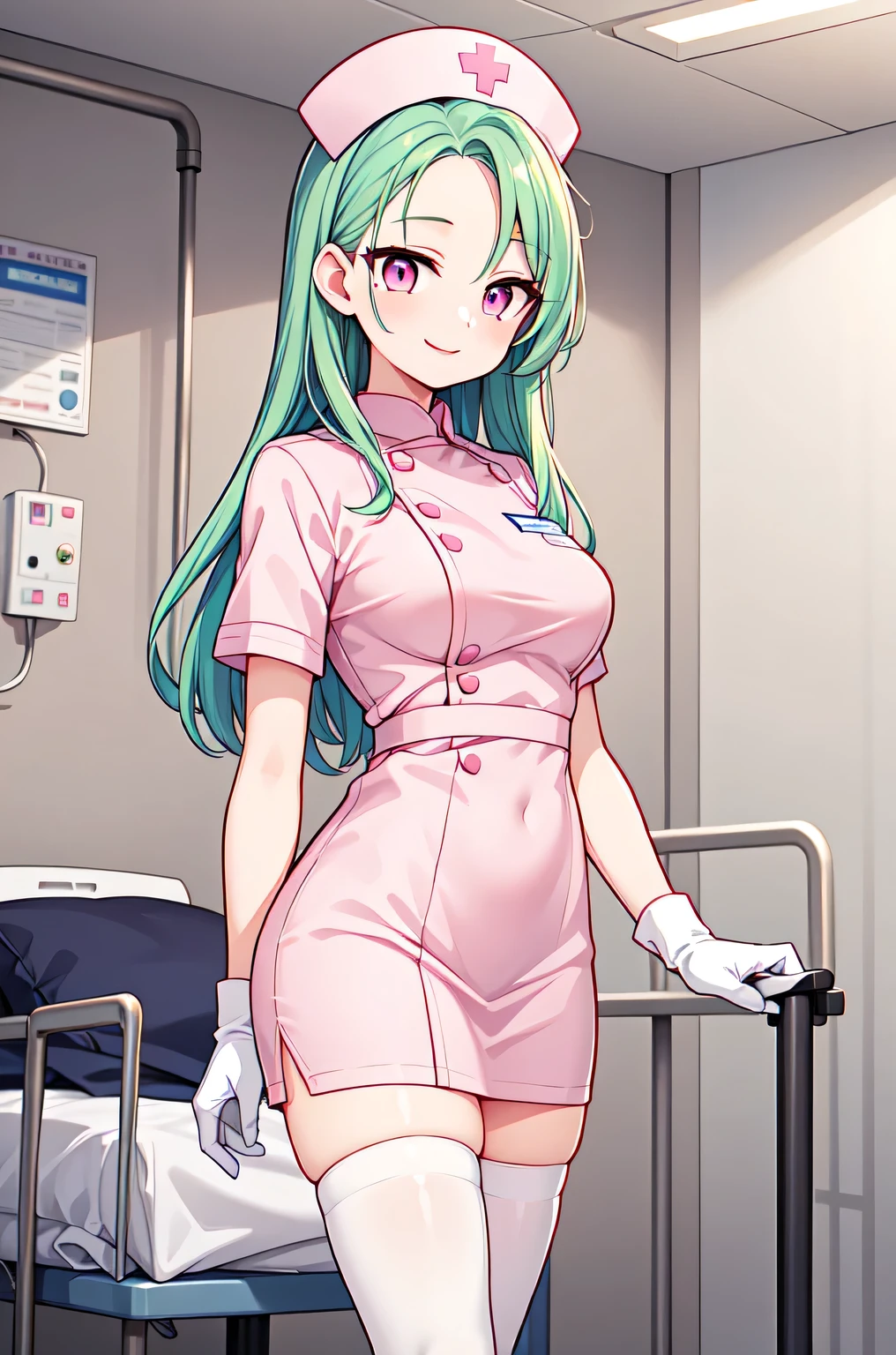 1woman, solo, nurse, white nurse cap, white nurse uniform, ((white legwear, zettai ryouiki)), white gloves, forehead, long hair, green hair, pink eyes, pink lips, smile, standing, ((hospital room)), sharp outline, short sleeves, mature female, 35 years old, best quality, masterpiece