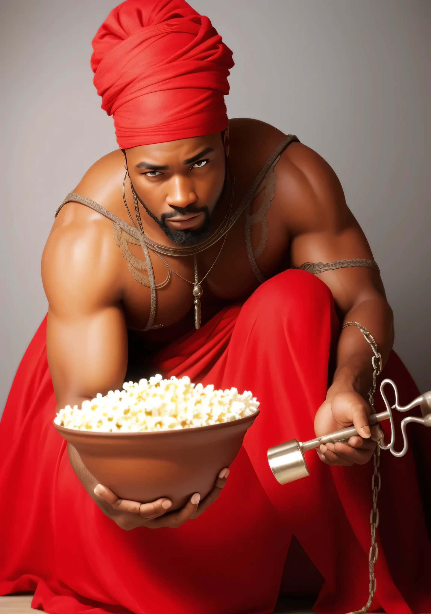 black male, African descendent, holding a clay bowl with popcorn and in the other hand, a large silver metal key, com ultra-Reality e perfeição, Reality, Rendering, hight contrast, digital art photographyrealistic trend on Artstation 8k HD high definition detailed realistic, detailded, texture skin, hiper detailded, textura de pele realista, armour, best qualityer, ultra-high resolution, (photorrealistic: 1.4), high resolution, detailded, Gross draft, re sharp, by lee jeffries Nikon D850 Film Stock Photography 4 Kodak Portra 400 F1 Lens.6 Rich Colors Realistic Texture Dramatic Texture Dramatic Lighting Irrealengine Trend on Artstation Cinestill 800