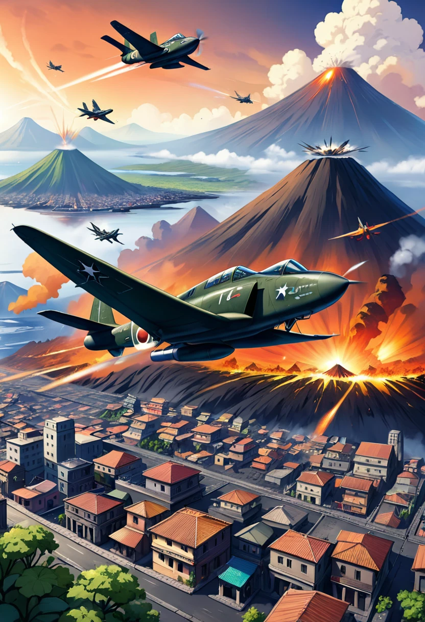 Fighter planes fly over volcanic city,
