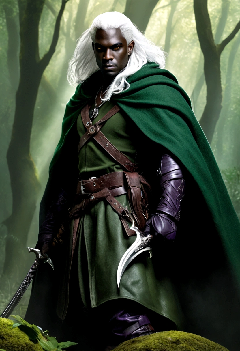 Drizzt Do'Urden, black skin, white hair, purple eyes, wearing a forest-green cloak, high black boots, a necklace, leather armor, two scimitars.