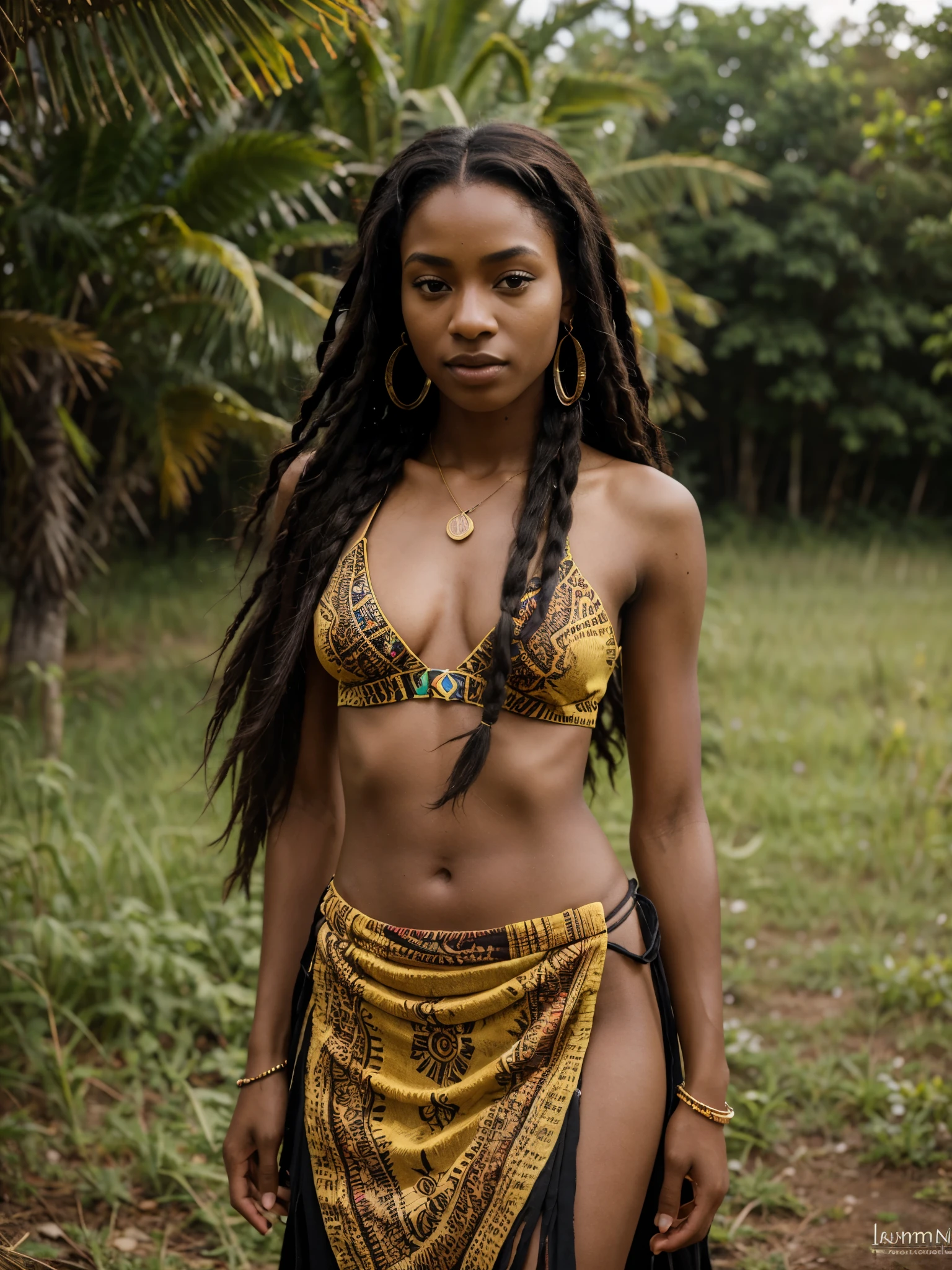 8k, RAW photo, very realistic, realistic photo of stunning skinny ebony girl, (ebony girl, 20 years old, most beautiful ebony girl in the world, slim face, dark skin, black dreadlocks hair, dreadlocks), wearing african national costume, (full body photo), photo from the side, dark skin glowing under the golden sunlight, adorned with intricate tribal jewelry and vibrant traditional attire, standing in a lush savannah teeming with life, tall grass swaying in the gentle breeze, wildlife roaming freely in the background, exuding confidence and allure, (looking at viewer), Photography, natural light with a portrait lens (85mm f/1.8), capturing every detail with warmth and intimacy, --ar 16:9 --v 5