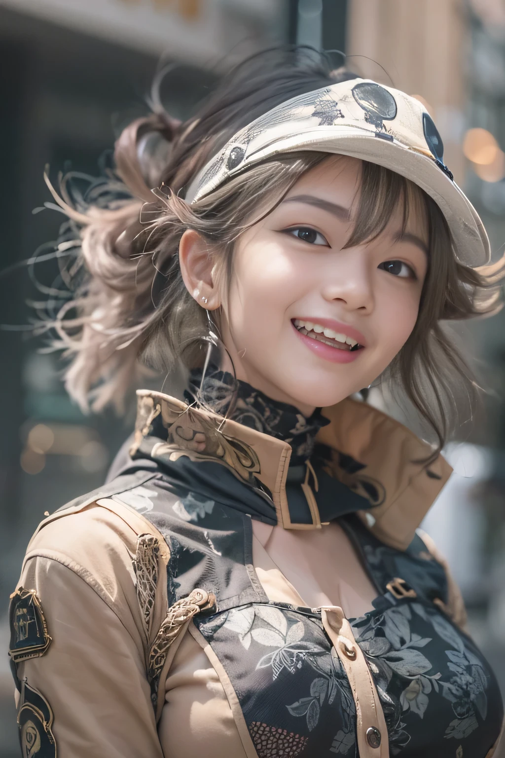 1 girl、Tokyo Street、Cityscape、Upper body、Close-up、Laughter、、(8K、Raw photo、Highest quality、masterpiece:1.2)、(Realisticな、Photorealistic:1.37)、Highly detailed eyelash drawing、(((Best image quality))),Great 、Fine skin, (Beautiful Hair), (perfection Anatomy), (Realistic), (Dynamic Angle), Seductive pose,perfection,Sensual look、Highest quality、High resolution、Smile、JoJo's Bizarre Adventure costume