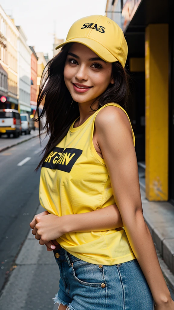 RAW Photo, DSLR BREAK
(kkw-ph1:0.9) BREAK
half body portrait of 1 young 20yo woman, black hair, wearing plain yellow trucker cap, wearing plain yellow t-shirt, perfect eyes, perfect lips, perfect nose, professional color graded, wonderful woman, dark background, cute woman, smiling