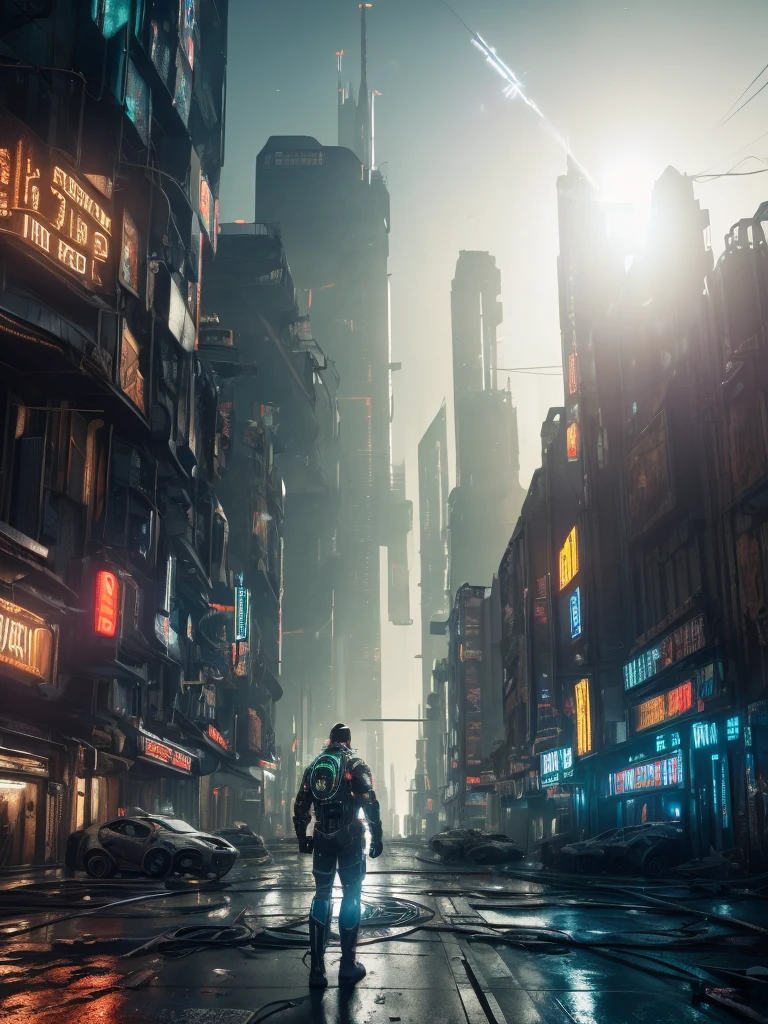 ((best quality)), ((masterpiece)), ((realistic)), (detailed), (photorealistic:1.5), a futuristic boy, (mascular body), (white bodysuit), lights on armor, cybernetic headwear, looking at viewer, dynamic pose, post apocalyptic, destroyed city background, buildings on fire, science fiction, hdr, ray tracing, nvidia rtx, super-resolution, unreal 5, subsurface scattering, pbr texturing, post-processing, anisotropic filtering, depth of field, maximum clarity and sharpness, rule of thirds, 8k raw, (luminescent particles:1.4), (extremely detailed cg, unity 8k wallpaper, 3d, cinematic lighting, lens flare), reflections, sharp focus, cyberpunk art, cyberpunk architecture,