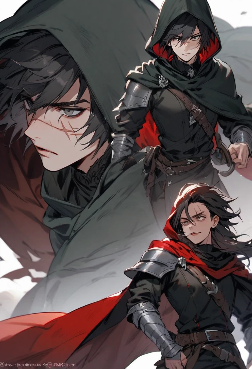 young man ,Male Dark, Red & Black colors, gray eye, rogue dnd, wear cape, hood, have scar
