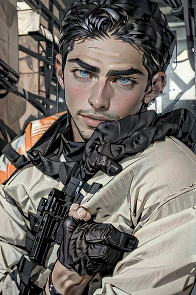 best quality, Masterpiece,Picture quality up to 8K, ภาพHigh quality,(((Masterpiece))), (((best quality))), Sharp picture, Awesome details，High quality，Masterpiece, Sharp facial details ,Face quality up to 8K,Virtual image、realistic textures、M16 automatic rifle, 1 man , blue eyes , black hair, Black bulletproof armor, black gloves