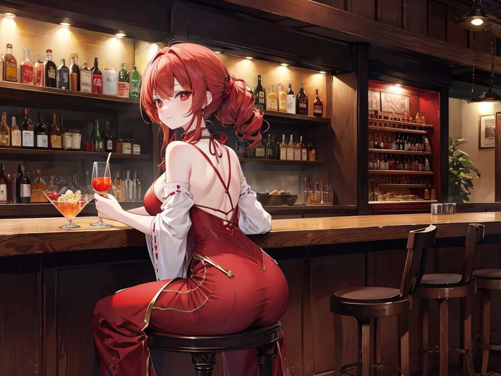 Crossing your legs, Anime style painting, An illustration, Liquor, バーに座ってカクテルを飲むwoman, look return, return, 背景の棚には多彩な色のLiquor瓶が並んでいる, Quiet bar, Calm expression, Perfect hands, elder, Redhead, Dignity at 50, ほろ酔いのwoman, alone、(Highly detailed returnground:1.0)、(Highly detailed returnground:1.0)、masterpiece、Highest quality、(Babes)、Fractal Art、Red eyes、Narrow eyes、Black and red dress, Reddish lips、From the shoulders up、smile、一人のwoman、Red Long Ponytail, Curly Hair, Red eyes,Golden accessories, alone, Big Breasts, woman, Take-out, Provocative laughter,40 year old woman,Queen of Sadism, Highly detailed returnground, Perfect Human Medicine,