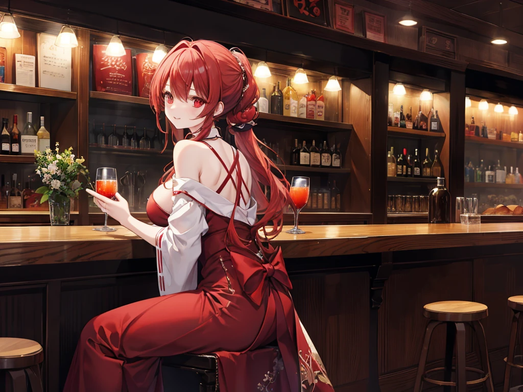 Crossing your legs, Anime style painting, An illustration, Liquor, バーに座ってカクテルを飲むwoman, look return, return, 背景の棚には多彩な色のLiquor瓶が並んでいる, Quiet bar, Calm expression, Perfect hands, elder, Redhead, Dignity at 50, ほろ酔いのwoman, alone、(Highly detailed returnground:1.0)、(Highly detailed returnground:1.0)、masterpiece、Highest quality、(Babes)、Fractal Art、Red eyes、Narrow eyes、Black and red dress, Reddish lips、From the shoulders up、smile、一人のwoman、Red Long Ponytail, Curly Hair, Red eyes,Golden accessories, alone, Big Breasts, woman, Take-out, Provocative laughter,40 year old woman,Queen of Sadism, Highly detailed returnground, Perfect Human Medicine,