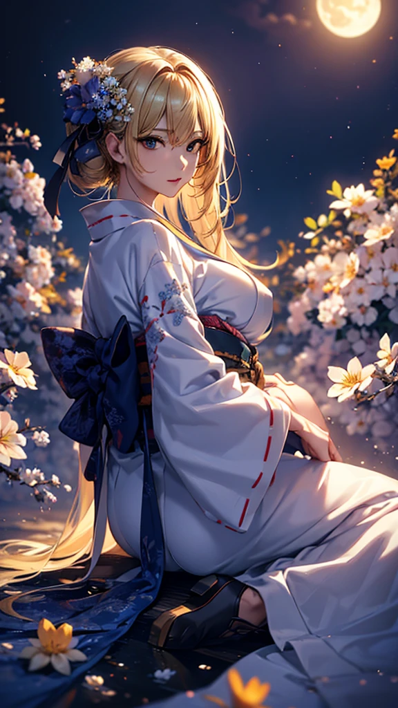 masterpiece, high quality, 4K, Beautiful design, silhouette,blonde, 非常に詳細な夜のStarry Sky,Flower Field, wonderful, Finer details, Very knowledgeable woman, Highly detailed solo, 1 female,Big Breasts,Butt Emphasis,Underwear Line,Yukata in white color,Night view,Starry Sky,full moon,How to sit,
