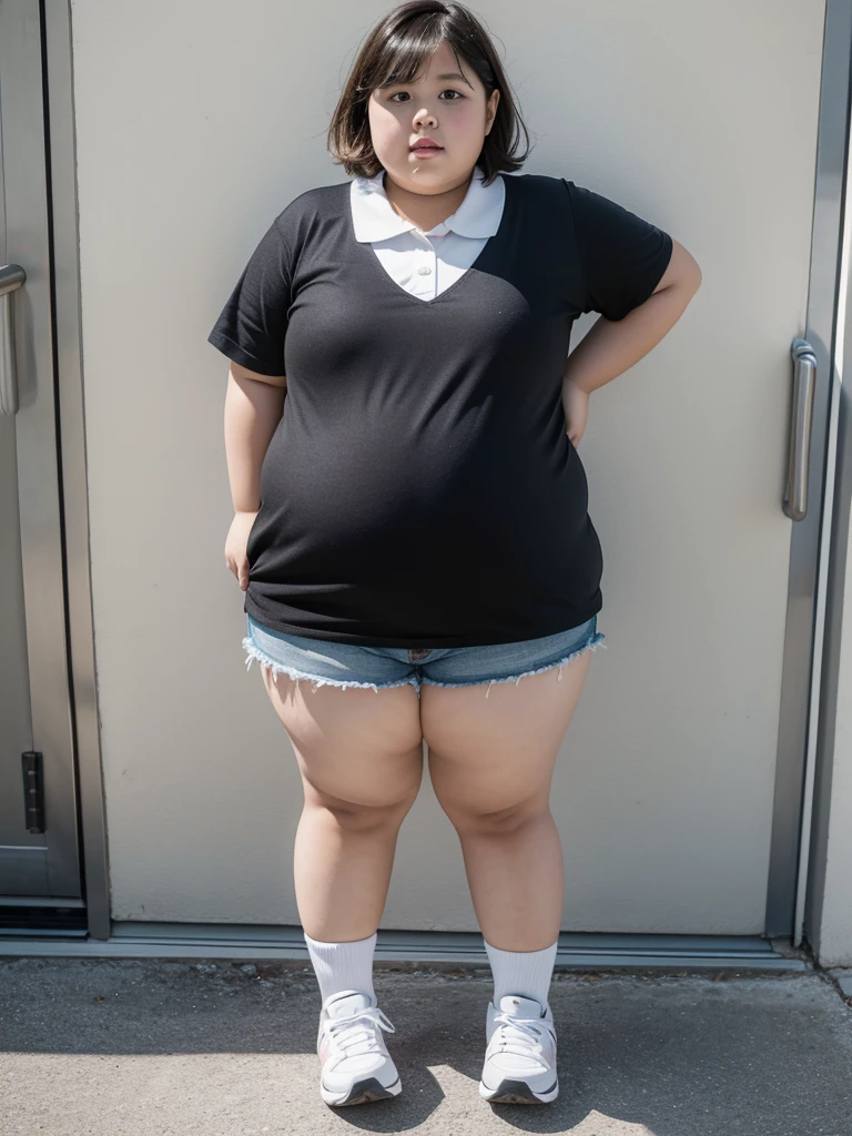 Fat kid girl , age 10 years , very fat , obese , extremely fat , full body , at the school 