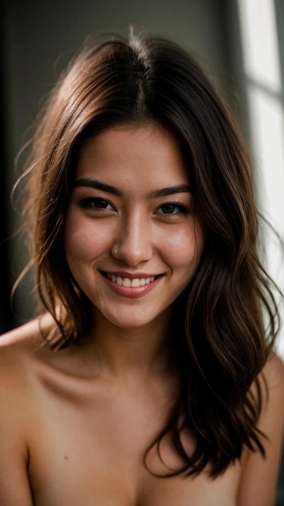 RAW photo, face portrait photo of beautiful 26 y.o woman nude, cute face, happy face, hard shadows, cinematic shot, dramatic lighting