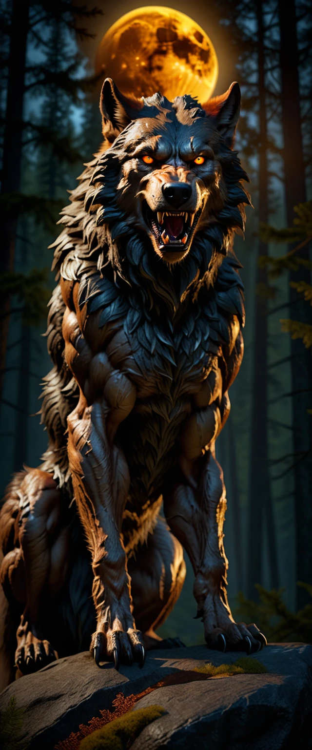 a male werewolf with golden eyes,muscular,alone in a dark forest,on top of a rock,howling at the full moon,cinematic,3D render,best quality,4k,8k,highres,masterpiece:1.2,ultra-detailed,realistic,photorealistic,photo-realistic:1.37,HDR,UHD,studio lighting,ultra-fine details,physically-based rendering,extreme detail description,professional,vivid colors,bokeh,dramatic lighting,moody atmosphere,glowing eyes,fur texture,detailed facial features,powerful pose