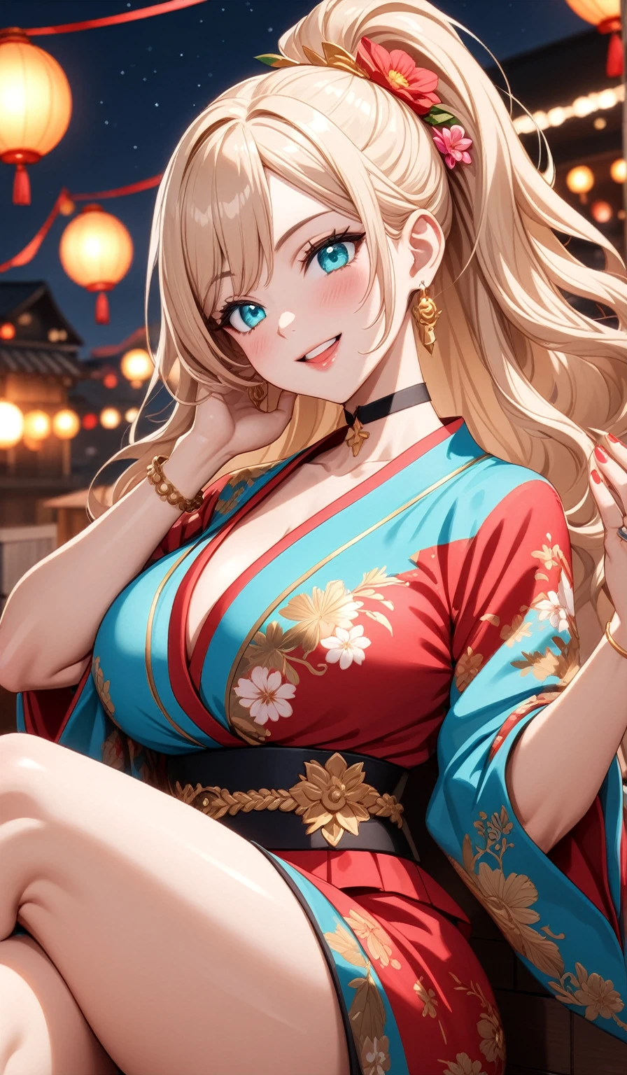 ((One personの女性)), Beautiful Face,(Laughing embarrassedly), (naughty face:1.2), (Wink:1.9), Laughing with your mouth open, upper teeth, ((Bright red cheeks:1.4)),Glossy pink lips, ((crossed legs:1.4)), Shining Face, Touching hair with hands,looking at viewer,Shining Face, rooftop, Festival decorations, firework, ((Anime style background)),masterpiece, Highest quality, so beautiful,up to date, Complex details, (Pink long nails),(ring),(bracelet),(choker),AI-generated, Complex,High resolution, Highest quality, super high quality,3D Images、3D Images,One person,Long blonde hair,ponytail, wavy hair ,Anime woman posing for a photo, ((Fine grain、Turquoise Eyes、Shining Eyes:1.3)), (Squint your eyes:1.1),a hyperRealistic , hyperRealistic , Realistic,Anime woman with long white hair, Smooth anime CG art, A woman in a colorful kimono with gold embroidery, (Pink long sleeve kimono),Red floral pattern,Long flower hair ornament,Earrings,Mature Body,(Big Breasts:1.1),Tall,Abdominal muscles,Tight waist,(Zoom up to face:1.3), (intense angle),