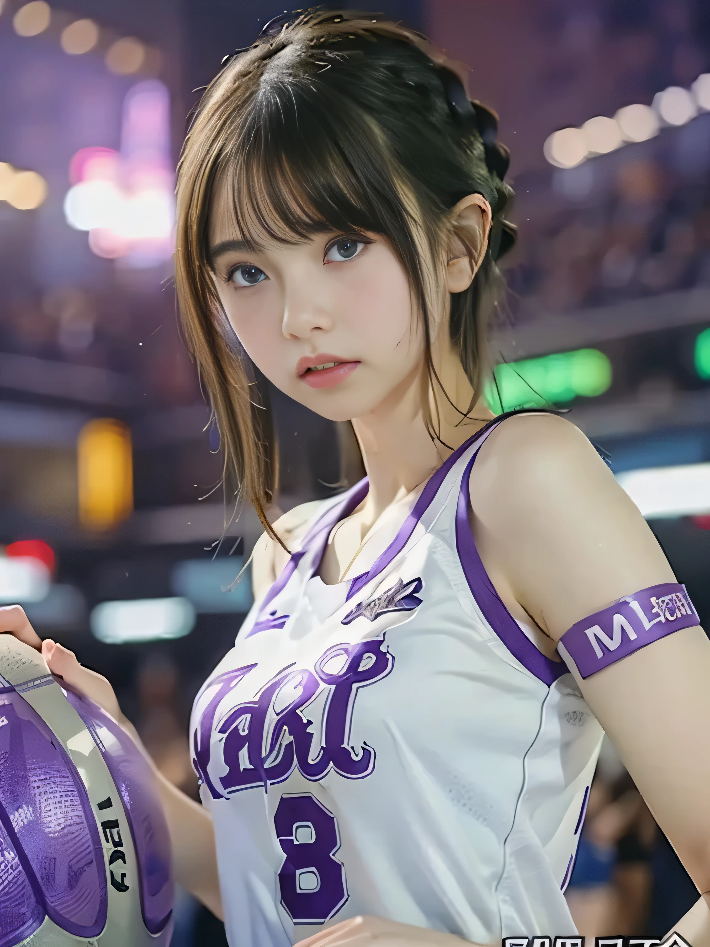 (Raw quality), Highest quality、masterpiece、Ultra-high resolution、(Photorealistic:1.4)、Raw photo、1 Girl、, Glowing Skin、headset、((Ultra-Realistic Details))、Portrait、Global Illumination、Shadow area、Octane Rendering、8k、Ultra Sharp、((Delicate body type))、Hair ornament of the future、(Basketball team uniforms:1.3)、Cleavage、sideboob, ((Medium bust:1.4))、(Sunburned skin:1.4)、Very intricate detail、Realistic Light、Metallic Shine、CGSoation Trends、(Purple eyes:1.4)、(Shining Eyes)、Facing the camera、Neon Details、Sitting、Cyberpunk background、Small LED lamp、(Purple and green lighting from behind)、