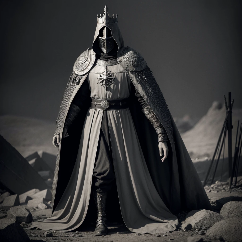 Create a drawing of a desolate king in the midst of war, but maintaining his firm stance. Medieval gothic style, a style that leads to horror like dark souls, surrealist