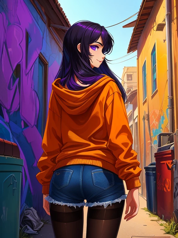 best shadows, shallow depth of field, (Best Quality, Amazing Detail: 1.25), (Solo: 1.3), back view, portrait of an amazingly beautiful age girl, 16 yrfect face, (black hair), (colored inner hair, purple hair), straight hair, (shoulder length hair), beautiful attractive face with purple eyes, purple mascara, calm behavior, small smile, inexpressive, medium breasts, (Wearing: Orange Hoodie, Denim Shorts, With Buckle Belt, black pantyhose), Vibrant Colorful Painting, cowboy shot, from behind, looking from behind, Graffiti Alley, Trash Can, Exterior Staircase, Outdoor Unit, Standing,