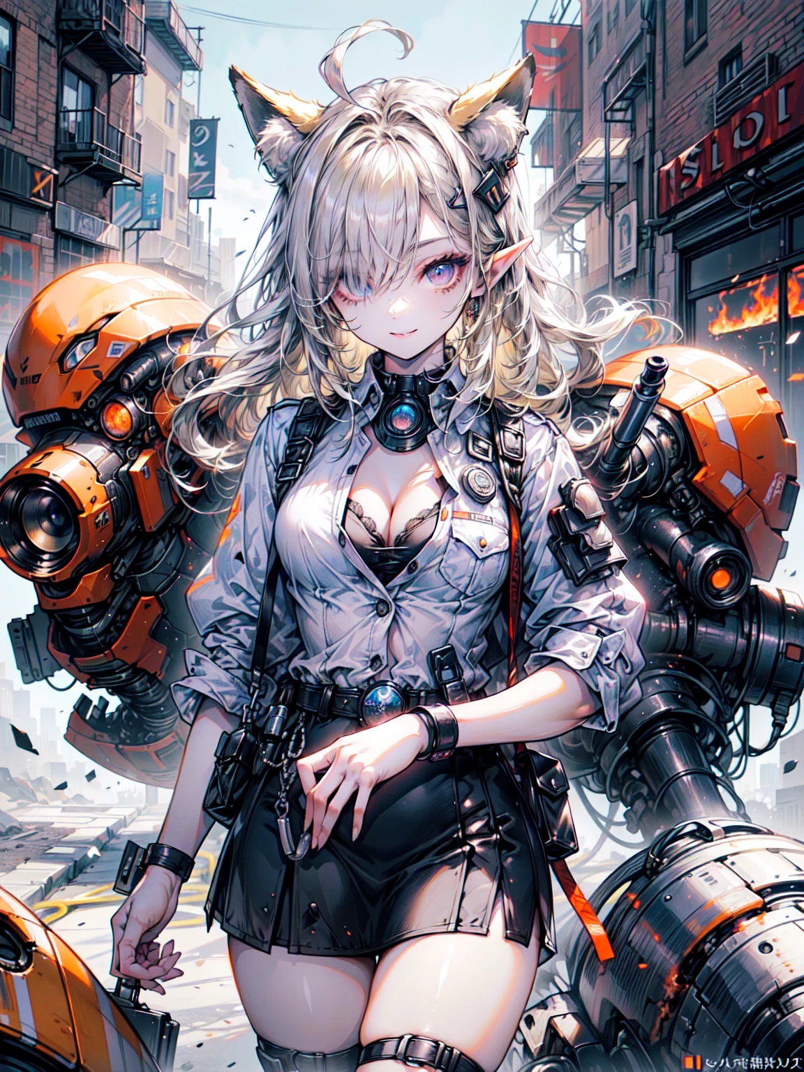 super high quality、8K quality、High resolution、Image quality captured with a single-lens reflex camera、(SFW)、Perfect Anatomy、(crimson theme）Police Mecha Girl、Beautiful girl of 20 years old with medium blonde hair.Orange eyes、(Good shape、Normal chest、Cleavage)、Cowboy Shot、3d realistic black machine parts、（Exposed thighs、skirt:1.2）(Rear mechanical unit)、Blake、(Formal attire、Female police officer:1.2)(Mechanical parts below the elbows and knees:1.3)、Blake（Perfect Anatomy:1.4）Blake(Incident occurs)(City where the fire occurred:1.5)、Organic Armor Cyborg、Machinery Armor、Armor Textures、Blake、(Dark Elf), (1 Girl), alone, Perfect Face, Get used to it, Ahoge, ((Long Hair:1.2)), (Hair above one eye:1.3), [[Messy Hair]], Shiny blonde white hair, Purple eyes, Variegated eyes, Colorful Hair, Shining Eyes, (eyelash, eye shadow, pink eye shadow), bright, smile, Design Art：haruhiko mikimoto, by Kawashi, By Yoshitaka Amano, Dark Skin