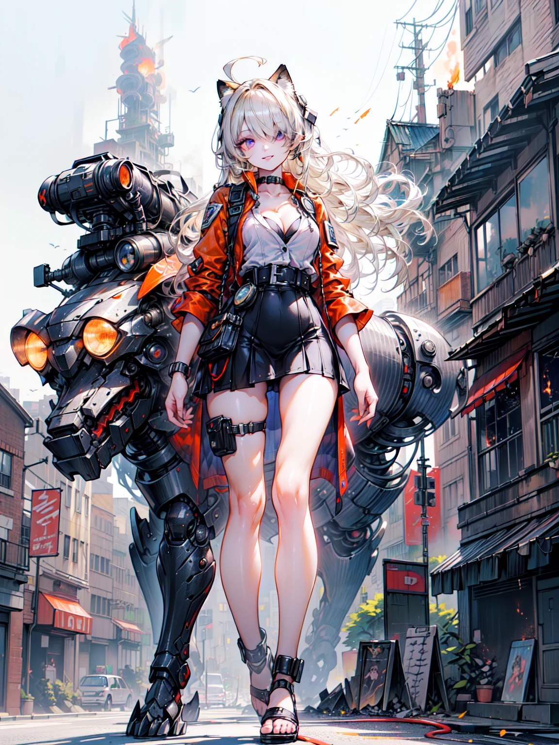 super high quality、8K quality、High resolution、Image quality captured with a single-lens reflex camera、(SFW)、Perfect Anatomy、(crimson theme）Police Mecha Girl、Beautiful girl of 20 years old with medium blonde hair.Orange eyes、(Good shape、Normal chest、Cleavage)、Cowboy Shot、3d realistic black machine parts、（Exposed thighs、skirt:1.2）(Rear mechanical unit)、Blake、(Formal attire、Female police officer:1.2)(Mechanical parts below the elbows and knees:1.3)、Blake（Perfect Anatomy:1.4）Blake(Incident occurs)(City where the fire occurred:1.5)、Organic Armor Cyborg、Machinery Armor、Armor Textures、Blake、(Dark Elf), (1 Girl), alone, Perfect Face, Get used to it, Ahoge, ((Long Hair:1.2)), (Hair above one eye:1.3), [[Messy Hair]], Shiny blonde white hair, Purple eyes, Variegated eyes, Colorful Hair, Shining Eyes, (eyelash, eye shadow, pink eye shadow), bright, smile, Design Art：haruhiko mikimoto, by Kawashi, By Yoshitaka Amano, Dark Skin