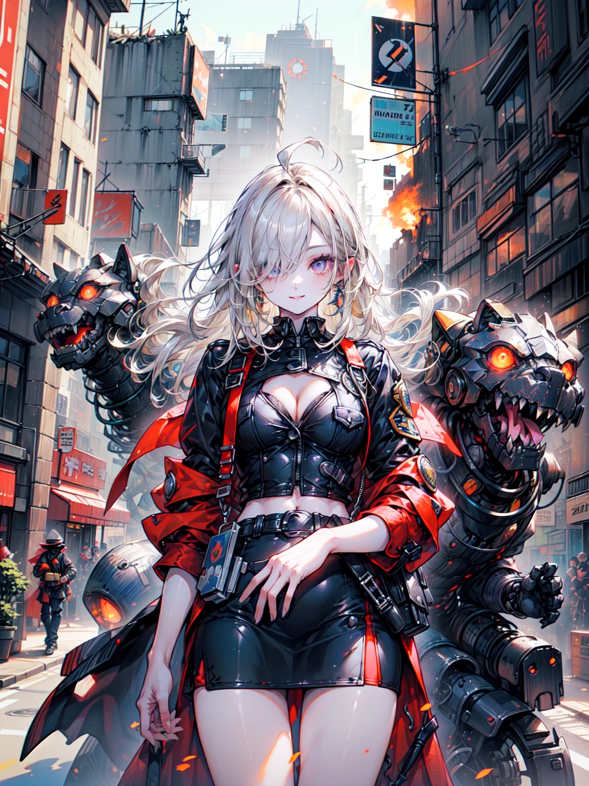 super high quality、8K quality、High resolution、Image quality captured with a single-lens reflex camera、(SFW)、Perfect Anatomy、(crimson theme）Police Mecha Girl、Beautiful girl of 20 years old with medium blonde hair.Orange eyes、(Good shape、Normal chest、Cleavage)、Cowboy Shot、3d realistic black machine parts、（Exposed thighs、skirt:1.2）(Rear mechanical unit)、Blake、(Formal attire、Female police officer:1.2)(Mechanical parts below the elbows and knees:1.3)、Blake（Perfect Anatomy:1.4）Blake(Incident occurs)(City where the fire occurred:1.5)、Organic Armor Cyborg、Machinery Armor、Armor Textures、Blake、(Dark Elf), (1 Girl), alone, Perfect Face, Get used to it, Ahoge, ((Long Hair:1.2)), (Hair above one eye:1.3), [[Messy Hair]], Shiny blonde white hair, Purple eyes, Variegated eyes, Colorful Hair, Shining Eyes, (eyelash, eye shadow, pink eye shadow), bright, smile, Design Art：haruhiko mikimoto, by Kawashi, By Yoshitaka Amano, Dark Skin