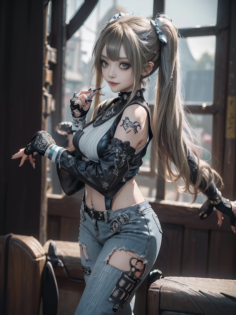 (Full Body View:1.4)、(Side view:1.1)、(Smiling with teeth showing:1.3),(Shibuya Gal:1.5)、(Gothic Lolita style fashion:1.5)、(Punk RockVisual Kei:1.5)、(Wearing a rhythmic gymnastics bodysuit with intricate details:1.4)、(Racing suit and pants with intricate decorations in white, denim and charcoal:1.5)、(Denim and light blue and white boots:1.3)、((belt))、(Numerous delicate logo marks all over the costume:1.4)、(collar:1.3)、(Striped underwear:1.5)、20-year-old、NSFW、((Highest quality、In 8K、masterpiece:1.3))、Sharp focus:1.2、(Layered Cut、Huge boobs:1.1),Beautiful woman with perfect figure:1.4、(Dancing vigorously:1.3)、Slender Abs:1.2、Highly detailed face and skin texture、Detailed eyes、double eyelid,(Twin tails:1.3)、(Brown-golden hair:1.3)、Gravure idol、(The background is a dance carnival:1.3)、(Slim body:1.3),(Make your legs thinner:1.4),（clavicle:1.1）、(Thin and slim thighs:1.3)