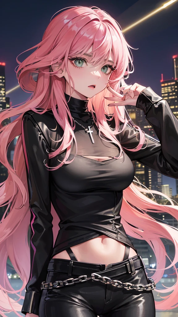 Photograph of the upper body of a beautiful woman, , [see through] , (big breasts), (small waist, perfect body), Sharp focus, (tall body, mature woman), ((Looking ahead)), (Highly detailed skin, hair follicles:1.4,) (pink long hair,green eyes) , (black t-shirt:1.47),(green pants)chain,(punkร็อก) , There are tears. , Cross necklace , Wearing a black leather jacket,  สวมchainรูปดาวไว้ที่เอวของคุณ, city scenery , punk , night light  , High quality ,Cold expression
