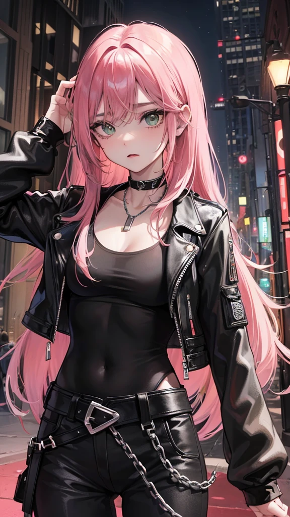Photograph of the upper body of a beautiful woman, , [see through] , (big breasts), (small waist, perfect body), Sharp focus, (tall body, mature woman), ((Looking ahead)), (Highly detailed skin, hair follicles:1.4,) (pink long hair,green eyes) , (black t-shirt:1.47),(green pants)chain,(punkร็อก) , There are tears. , Cross necklace , Wearing a black leather jacket,  สวมchainรูปดาวไว้ที่เอวของคุณ, city scenery , punk , night light  , High quality ,Cold expression

