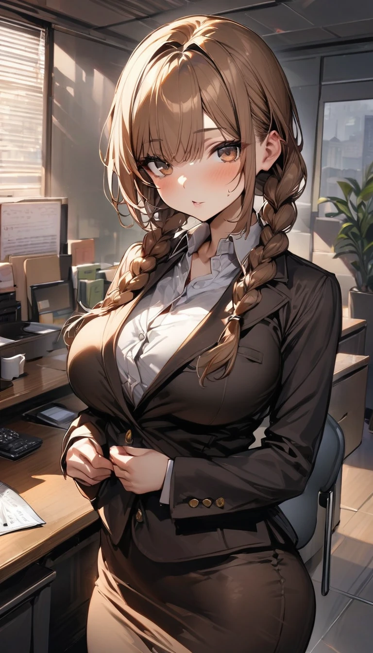 masterpiece, best quality, 1 girl, solo, teenager, large breasts, light brown eyes, bangs, brond hair, braids hair, office staff suit, jacket, pencil skirt, upper body, standing, office