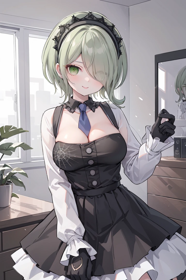 (highly detailed:1.3), tkirumi, looking at viewer, smile, large breasts, long sleeves, white shirt, green hair, black gloves, hair over one eye, black dress, maid headdress, pinafore dress, hand on own head, spider web print, Ultra-detail,(highres:1.1),best quality,(masterpiece:1.3), cinematic lighting, big breasts, hands on breasts, hand on own breasts, holding breasts, bouncing breasts, room, indoors, cleavage
