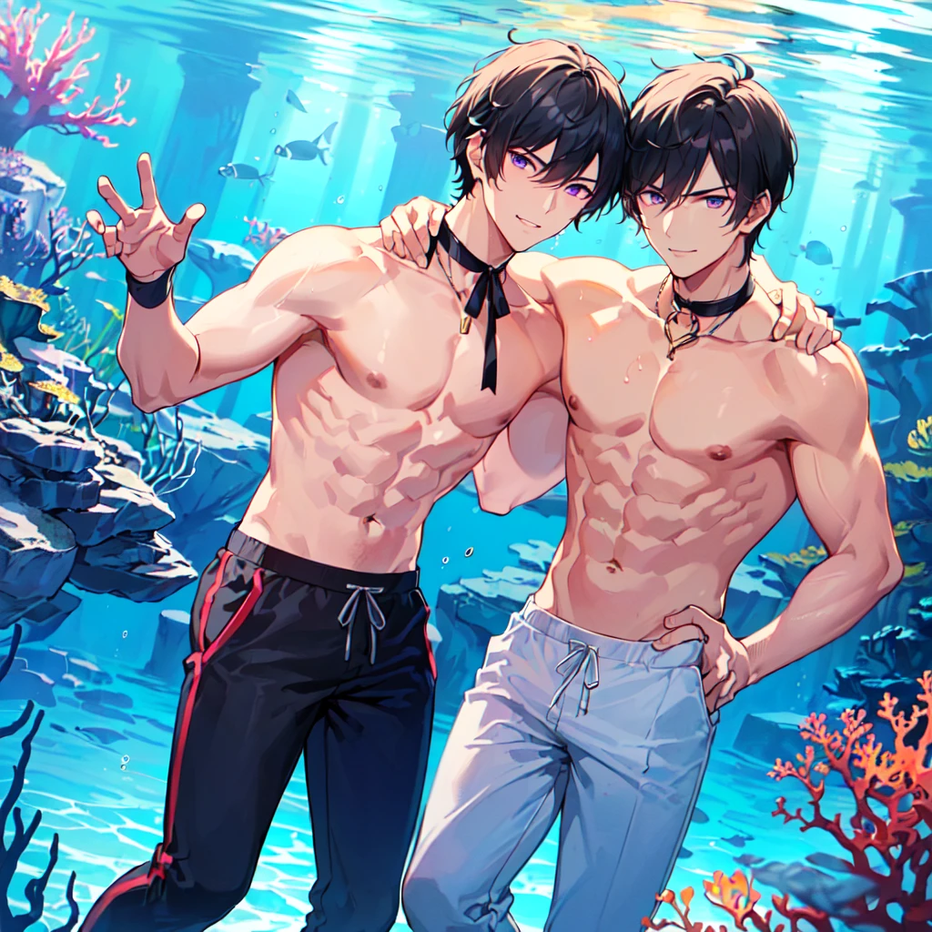 masterpiece,best quality,high quality,extremely detailed,(2 male austere handsome men, adult age 30 years old:1.5),(purple eyes, cool with suspended eyes), strong and fearless body, 8.5 head tall and 185cm tall,(well-groomed black short hair to neck:1.4), (bangs parted in thirds:1.4), (pectoral and rectus abdominis muscles:1.3), slender nose, facial muscles, (saltwater pants:1.3), (hand on neck:1.3), (scowling smile:1.3), (swimming:1.3), (stylish pose), (background deep sea underwater:1.3)
