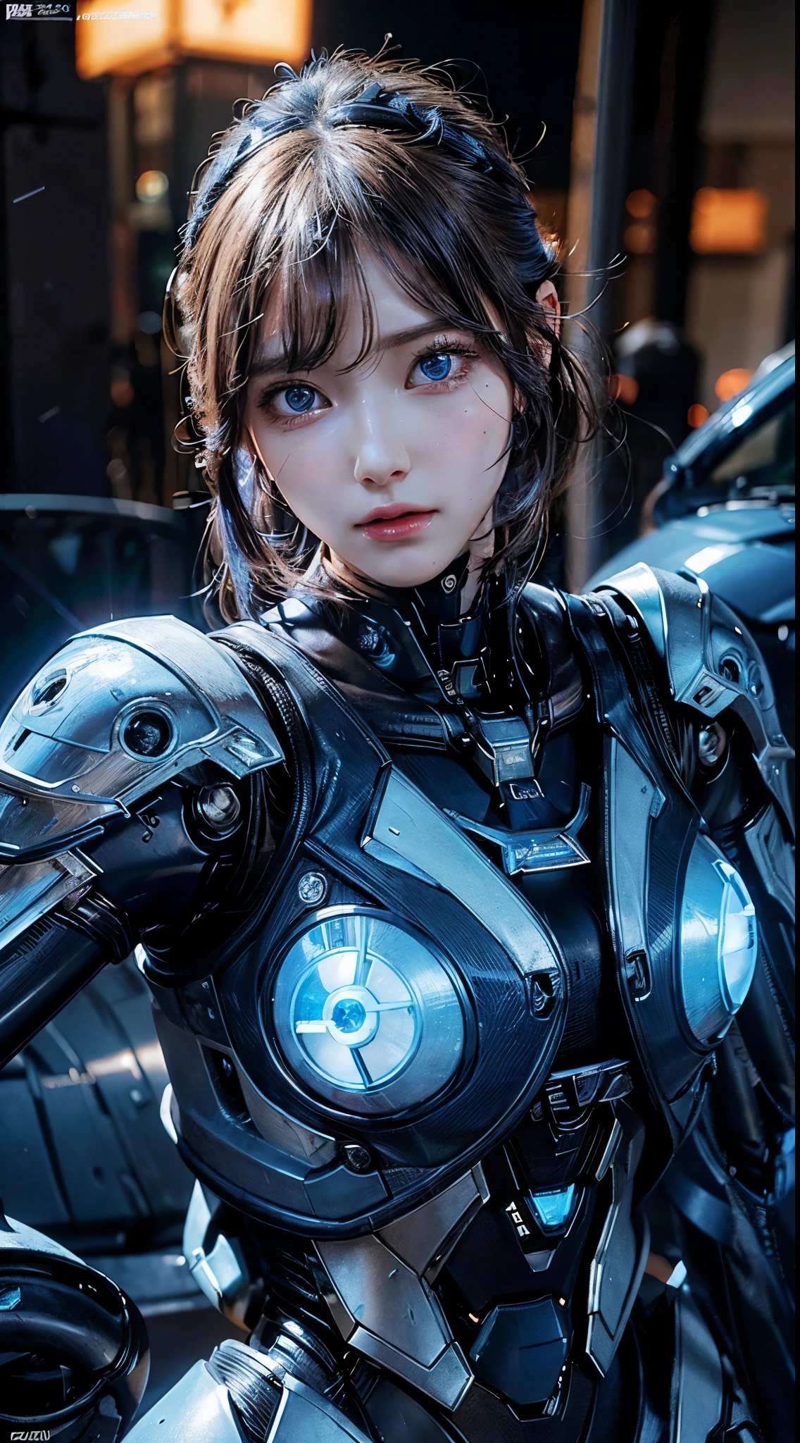 a beautiful female mecha pilot, detailed facial features, long eyelashes, piercing blue eyes, delicate features, intricate mecha suit, giant mechanical robot, advanced futuristic technology, dynamic action pose, epic cinematic lighting, dramatic shadows, vibrant neon colors, concept art style, highly detailed, 8k, photorealistic